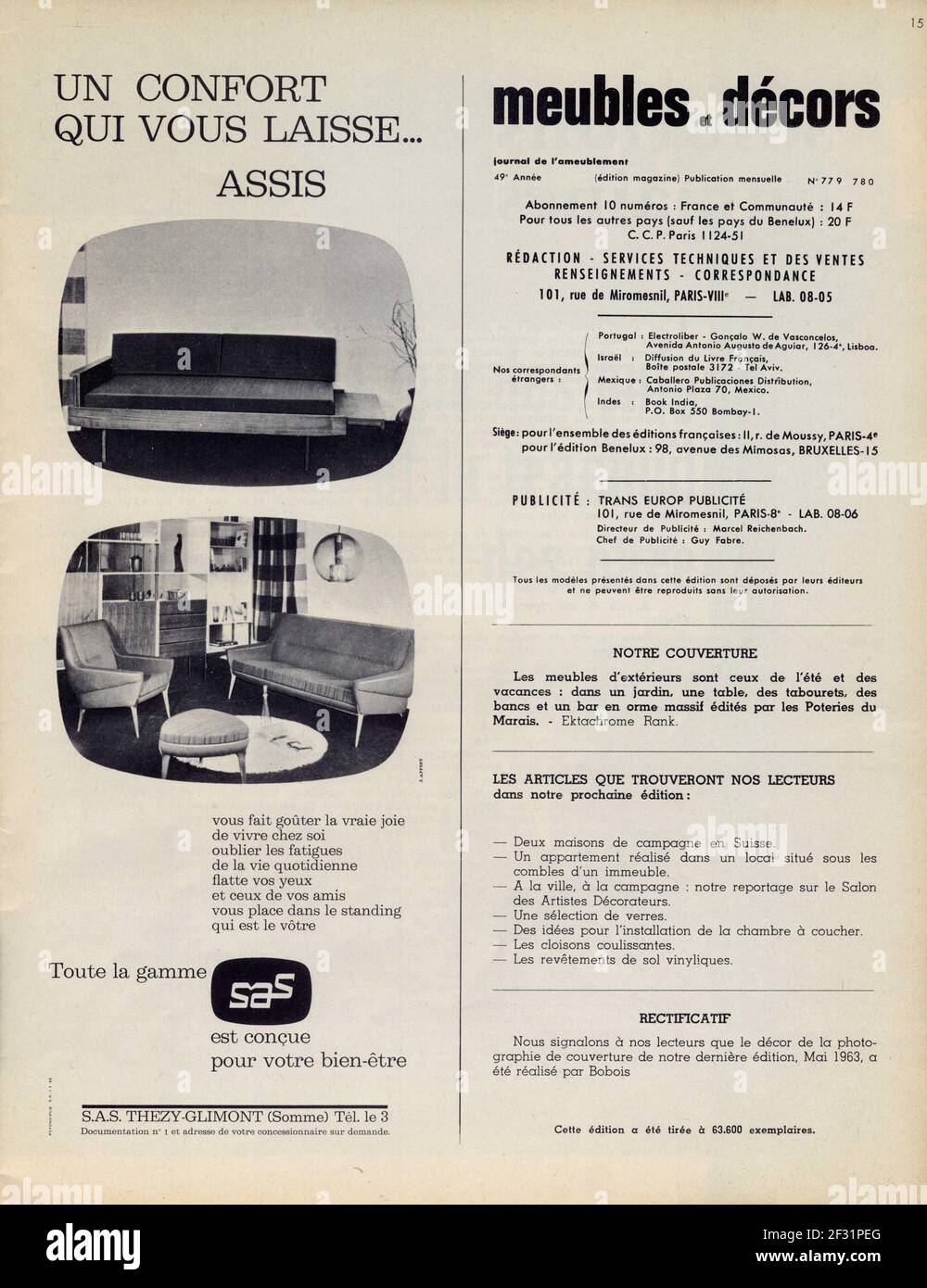 Publicité ancienne . Toute la gamme SAS est conçue pour votre bien-être. 1963. Présentation du magazine Meubles et Décors Stock Photo