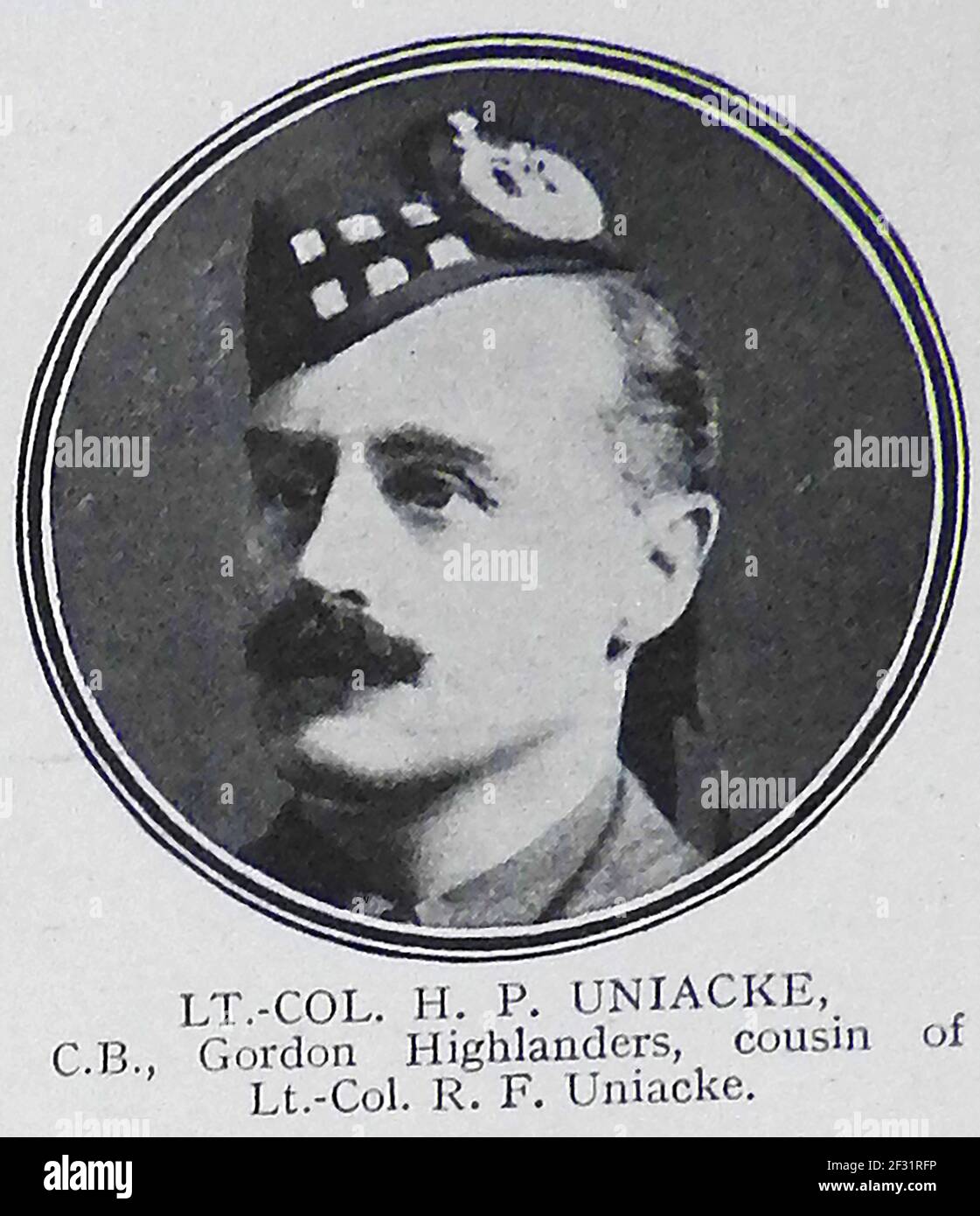 LIEUTENANT H P UNIACKE C.B. of the Gordon Highlanders. (Cousin of Colonel R F Uniacke.) -   A printed portrait from a 1914-1915 role of honour page of those killed in action in World War One. Stock Photo