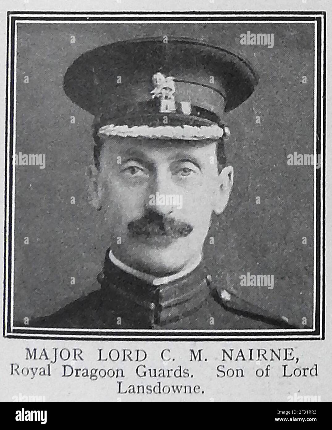 MAJOR  LORD C M NAIRNE of the Royal Guards (son of  Lord Landsdowne) -   A printed portrait from a 1914-1915 role of honour page of those killed in action in World War One. Stock Photo