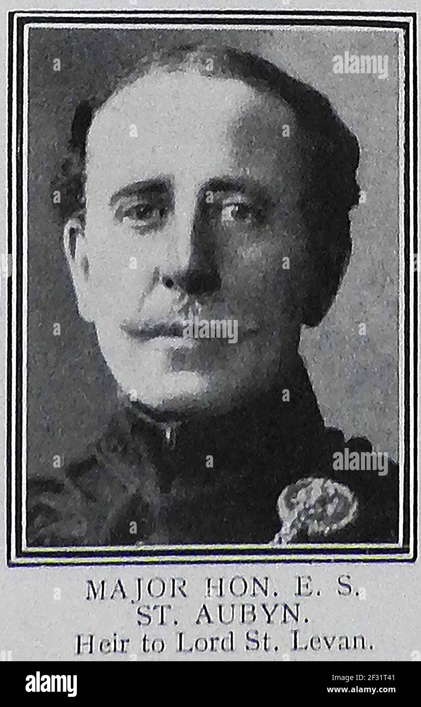 MAJOR  HONOURABLE E S ST. AUBYN (The heir to Lord St Aubyn) - - A printed portrait from a 1914-1915 role of honour page of those killed in action in World War One. Stock Photo