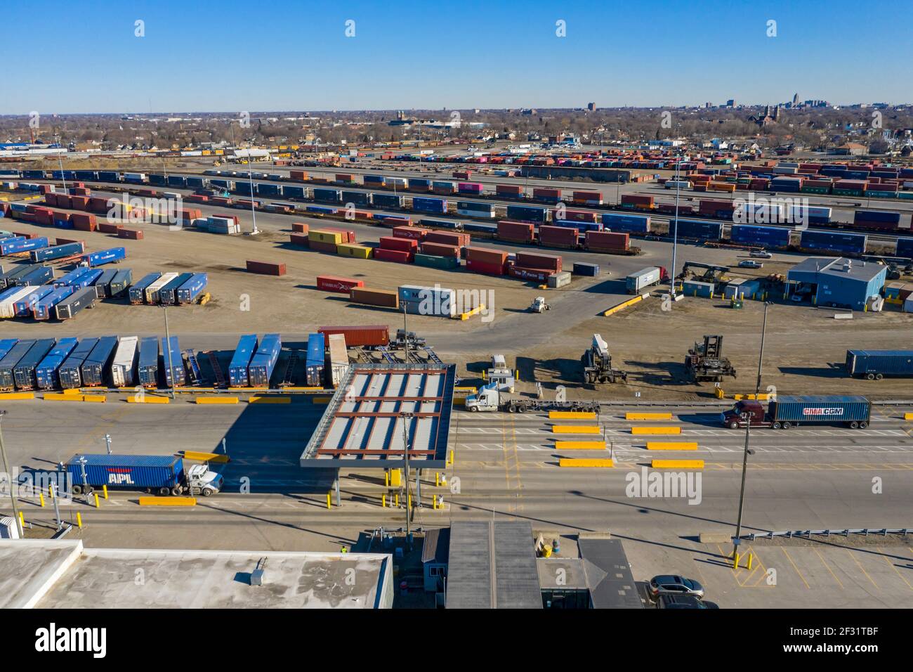 Detroit, Michigan - Shipping containers waiting to be transferred between trucks and trains at the CSX Intermodal Terminal. Stock Photo