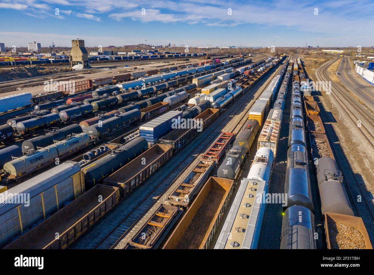 Detroit, Michigan - Railroad cars waiting at a rail yard in southwest Detroit. Stock Photo
