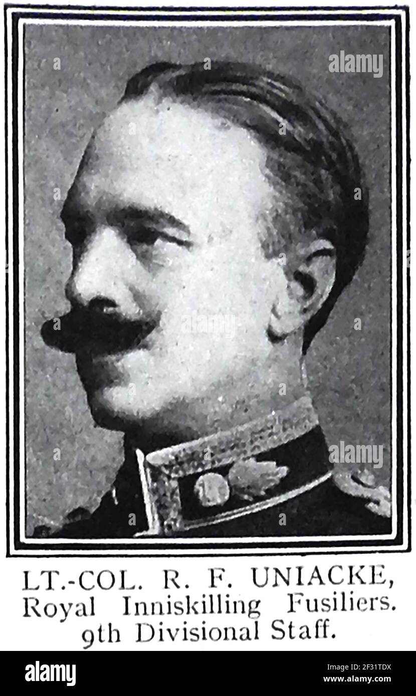 LIEUTENANT COLONEL R F  UNIACKE of the Royal Inniskilling Fusiliers 9th Divisional Staff. (cousin of  LIEUTENANT H P UNIACKE C.B. of the Gordon Highlanders - A printed portrait from a 1914-1915 role of honour page of those killed in action in World War One. Stock Photo