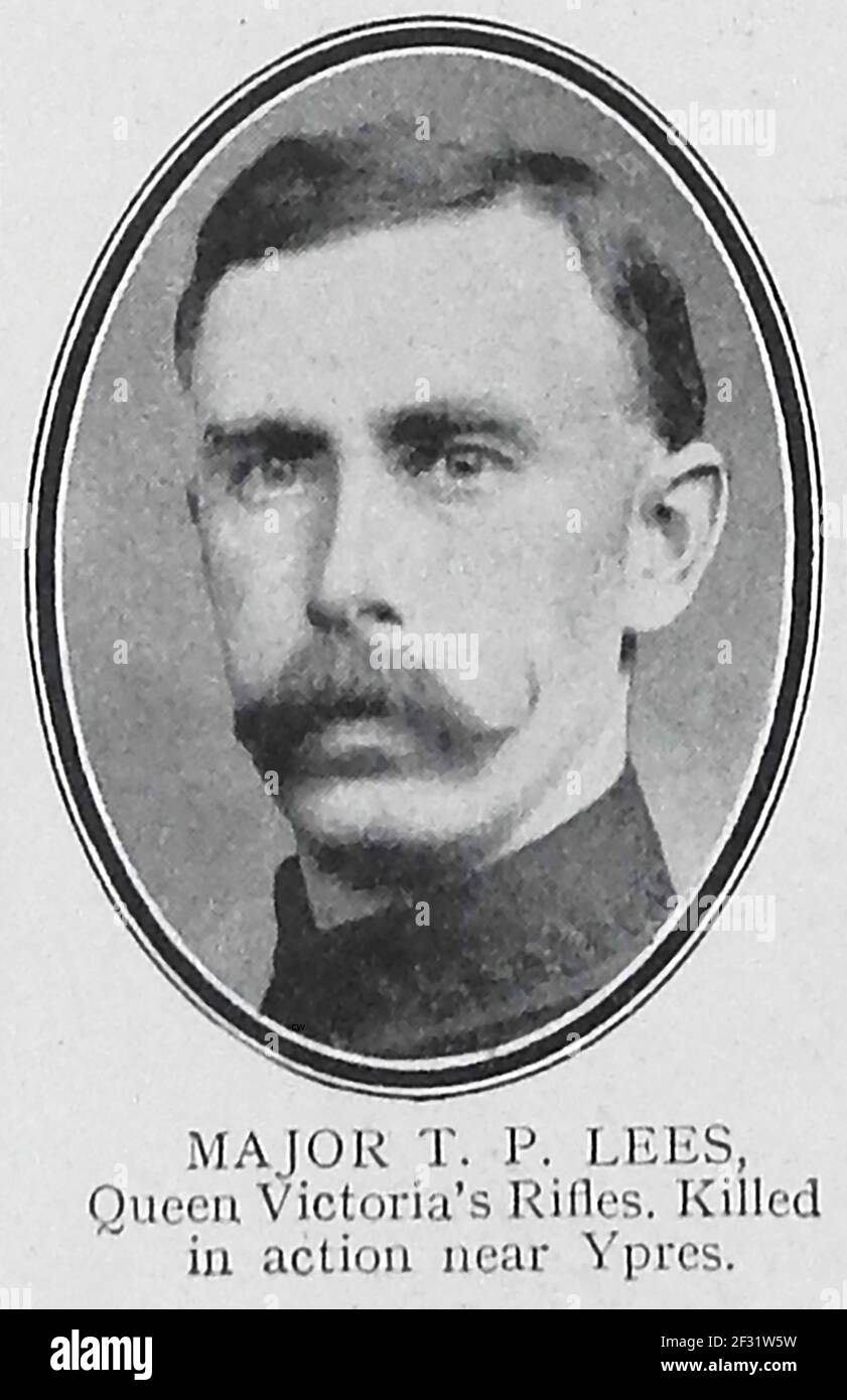 MAJOR T P LEES of the Queens Victoria Rifles who was killed near Ypres -  - A printed portrait from a 1914-1915 role of honour page of those killed in action in World War One. Stock Photo