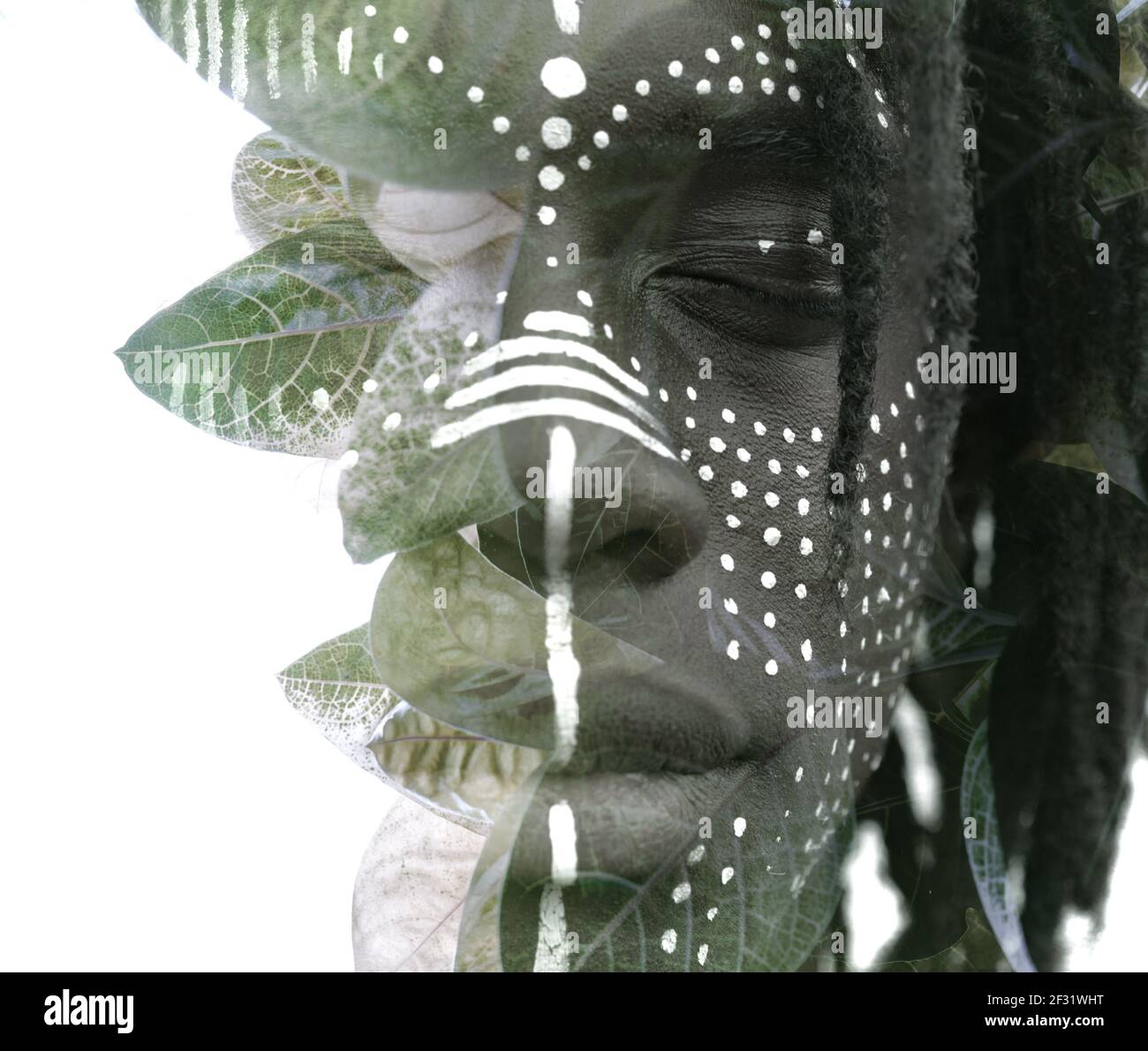 A conceptual portrait close up in black and white double exposure Stock ...