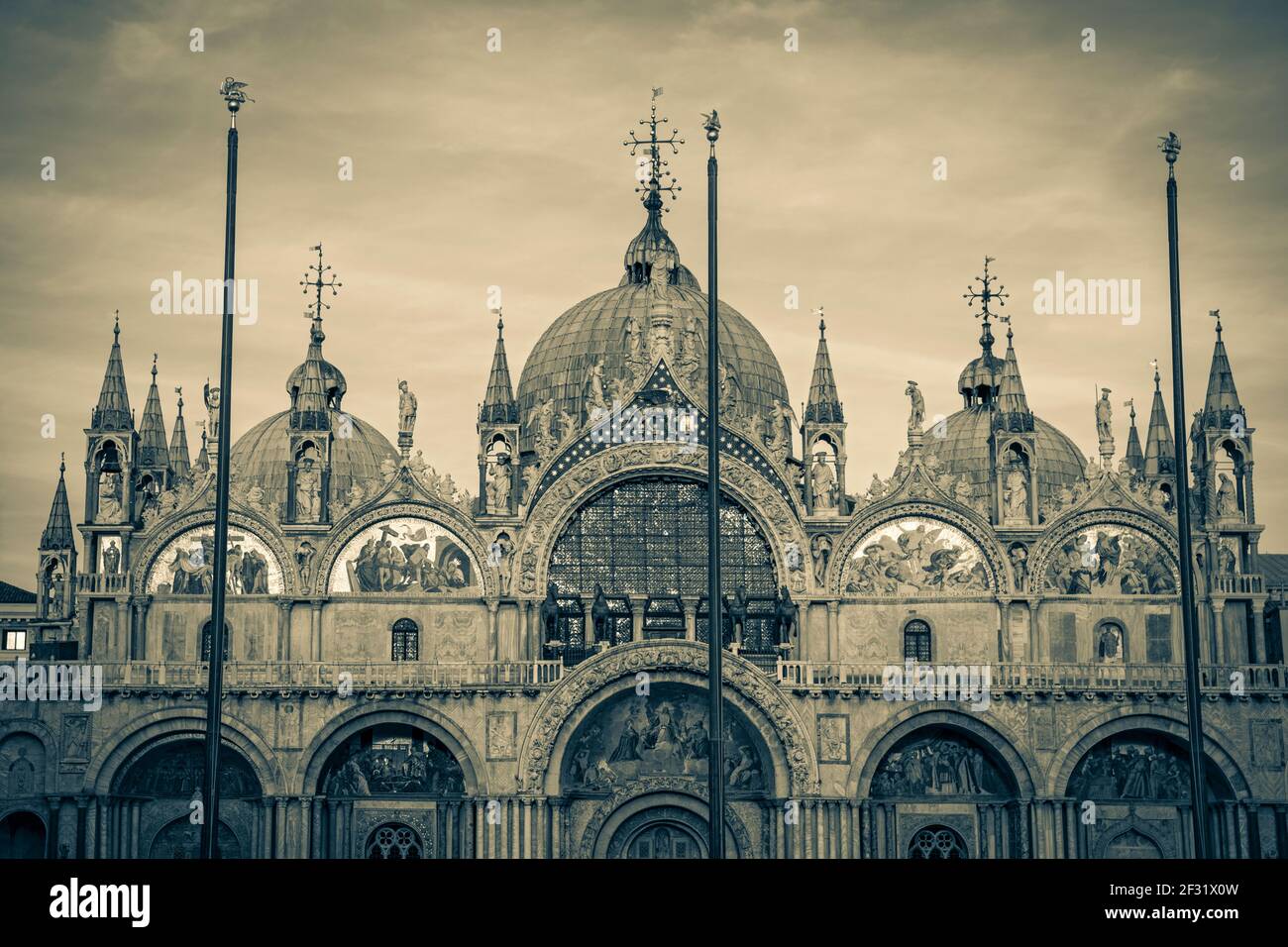 Basilica San Marco , the front facade of the church built to enshrine the body of St. Mark in the 9th century Stock Photo