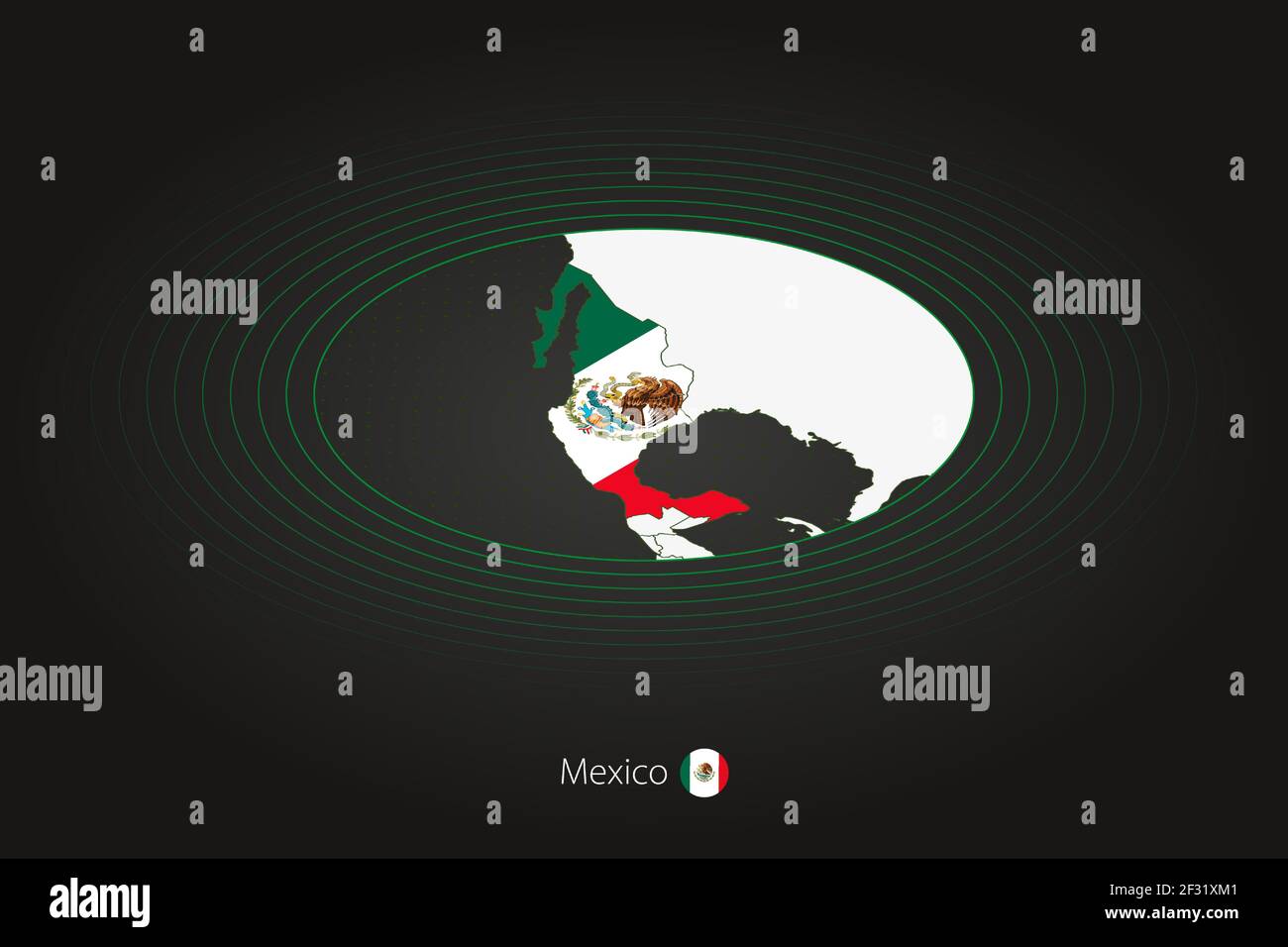 Mexico map in dark color, oval map with neighboring countries. Vector map and flag of Mexico Stock Vector
