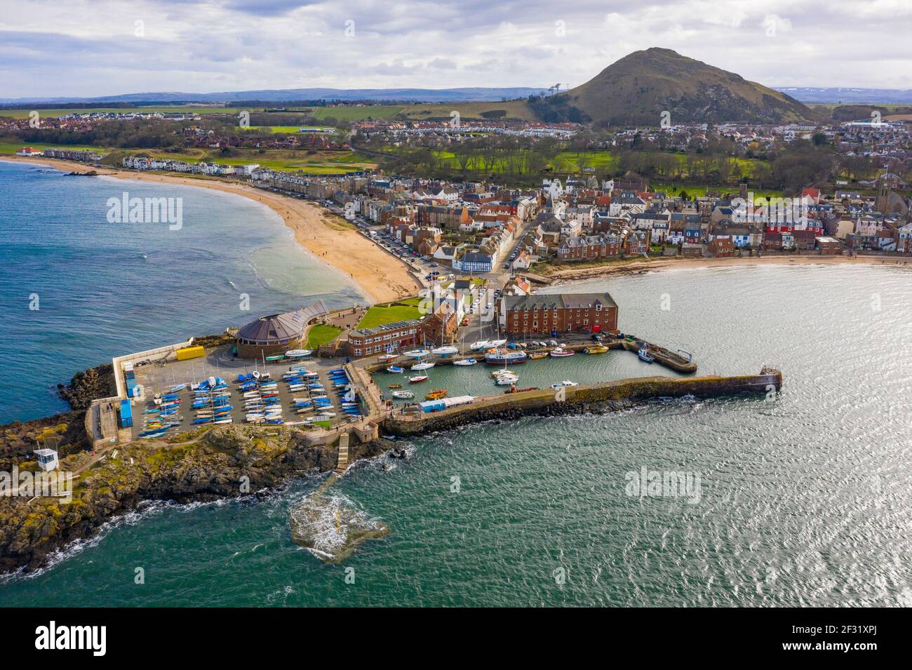 Aerial view of harbour and town of North Berwick in East Lothian