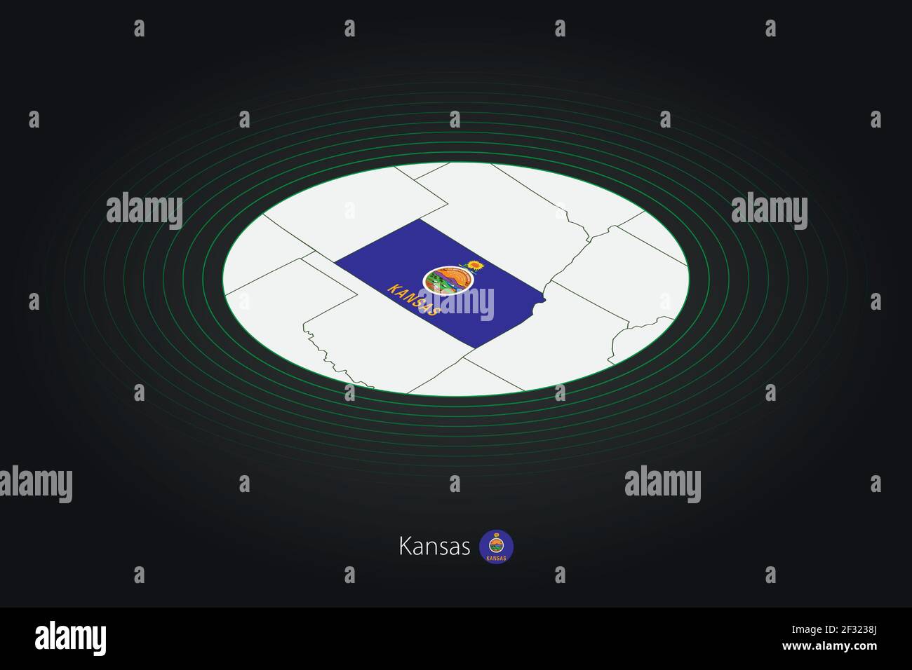 Kansas map in dark color, oval map with neighboring US states. Vector ...