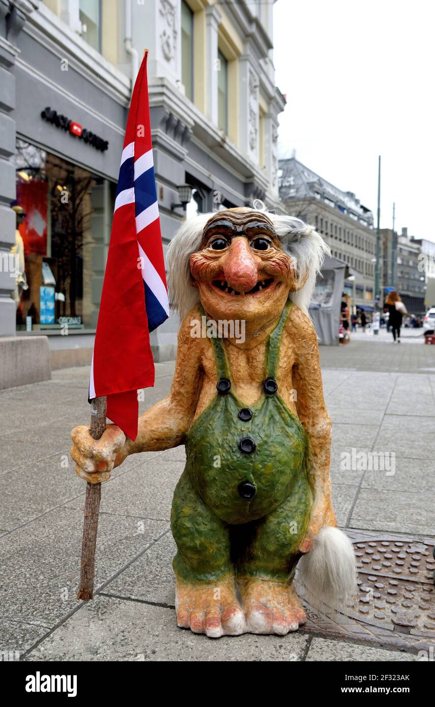 geography / travel, Norway, troll, Nordic mythological creatures in human figure, with Norwegian flag , Additional-Rights-Clearance-Info-Not-Available Stock Photo