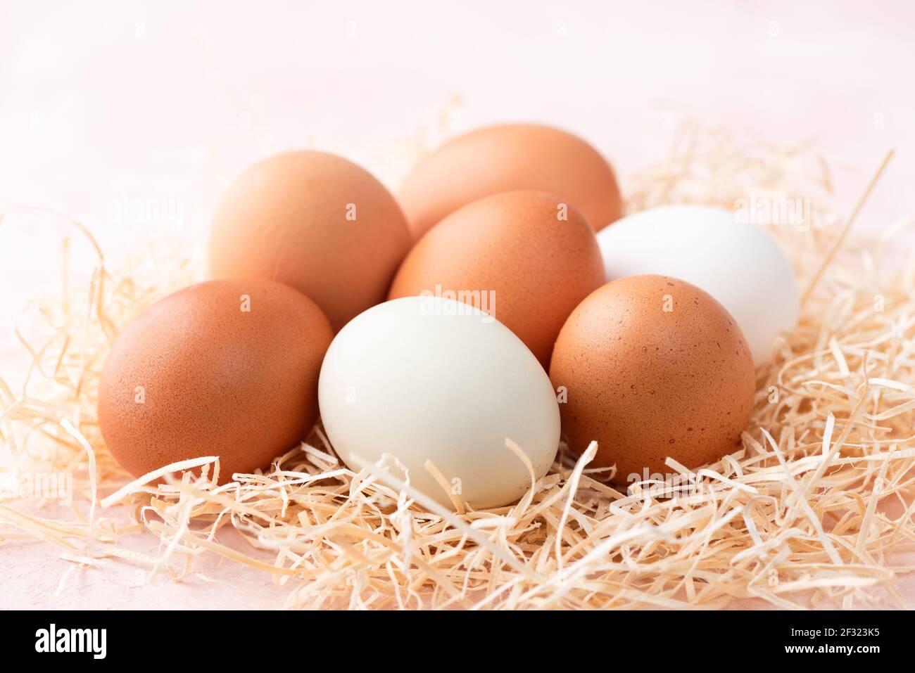 Chicken eggs on pink background closeup view. Easter eggs Stock Photo