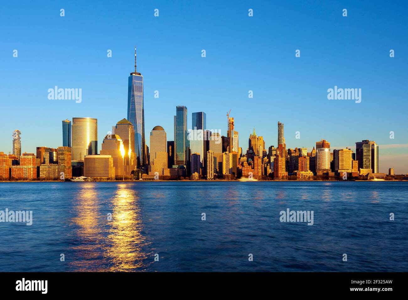 New York Skyline, Lower Manhattan with Freedom Tower and World Financial Center, Hudson River, New York City. Stock Photo