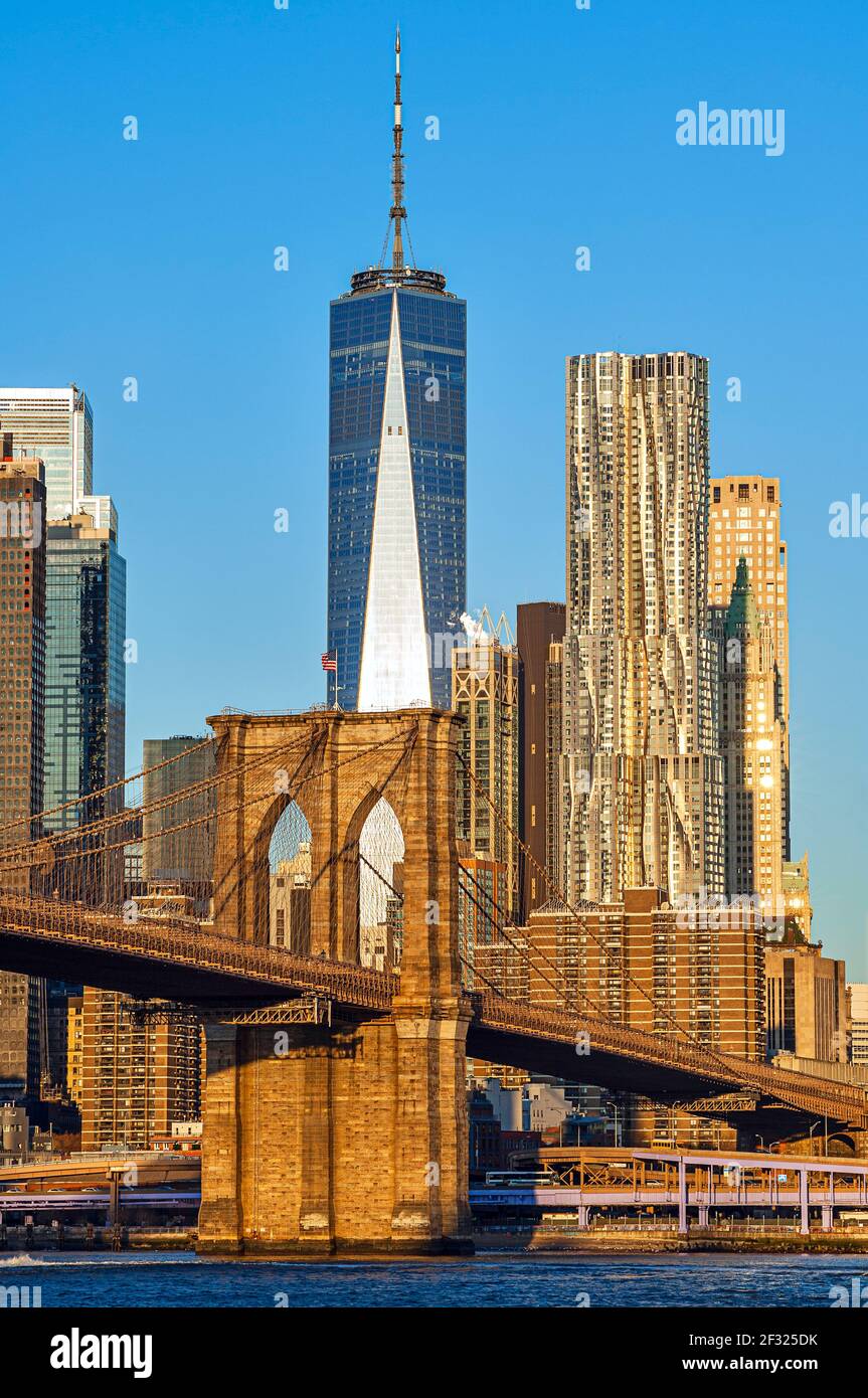 Freedom Tower, New York, One World Trade Center, the Brooklyn Bridge and New York by Gehry, Frank Gehry, New York City. Stock Photo