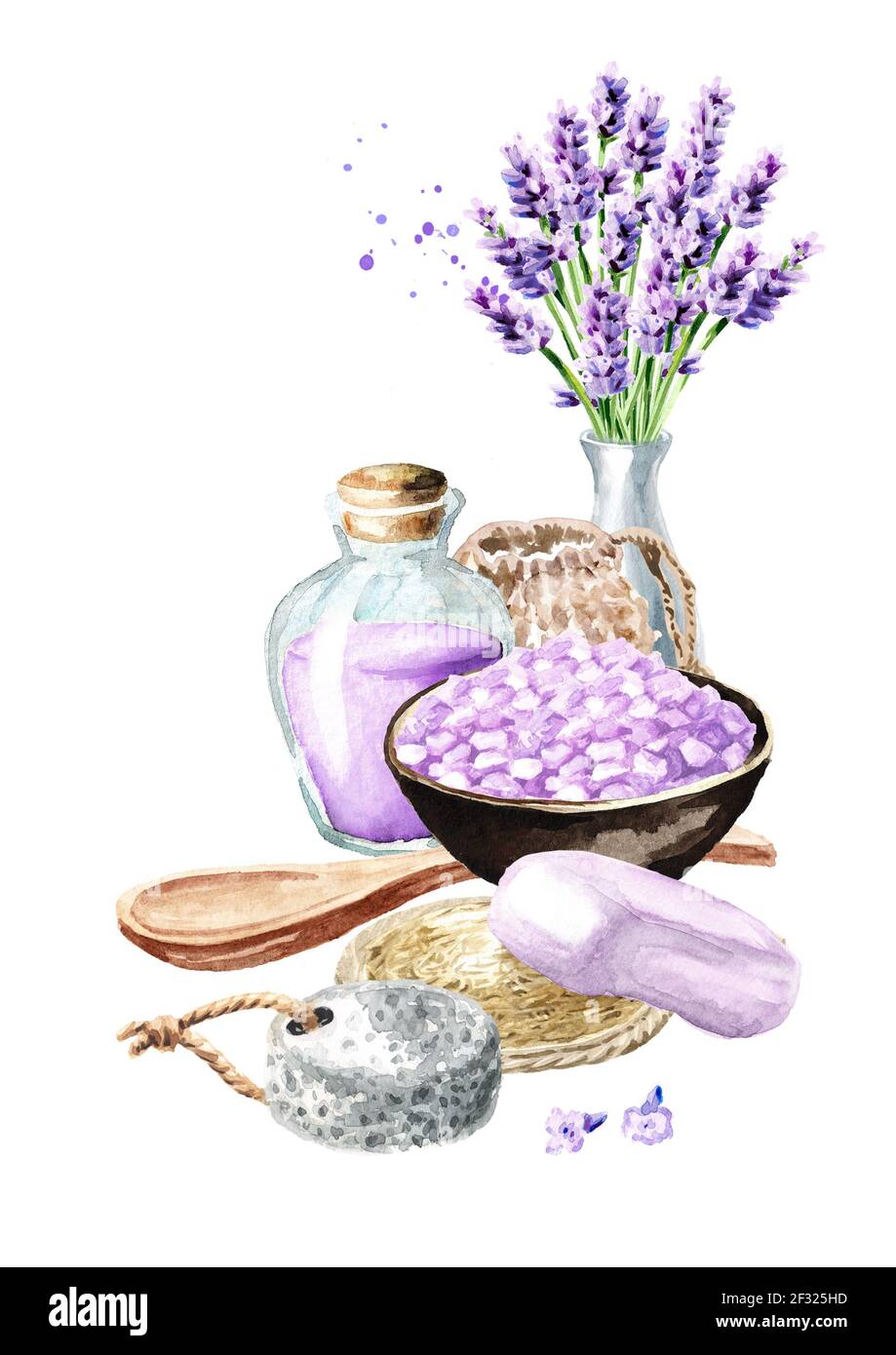 Spa concept. Bath accessories with lavender flower. Hand drawn