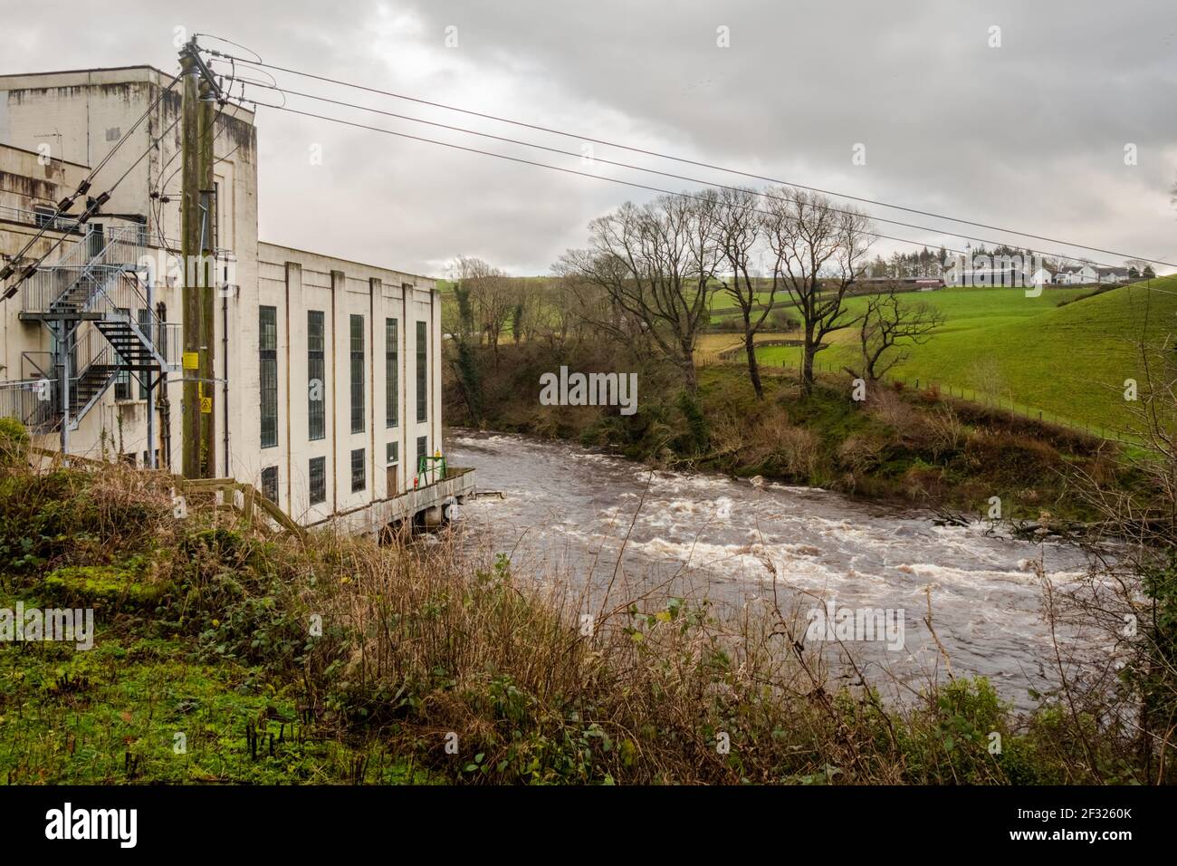 Water being released from Tongland Power Station on the River Dee, Galloway Hydro Electric Scheme, Scotland Stock Photo