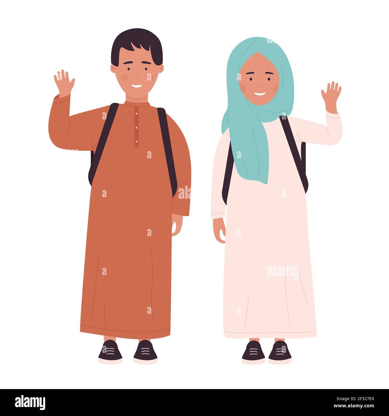 Muslim girl and boy teenagers with school bag standing together and waving, greeting Stock Vector