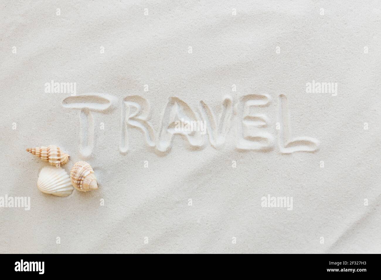 Travel, vacation concept. Sea shells on sand and blue background. Travelling, trip. Travel text. High quality photo Stock Photo