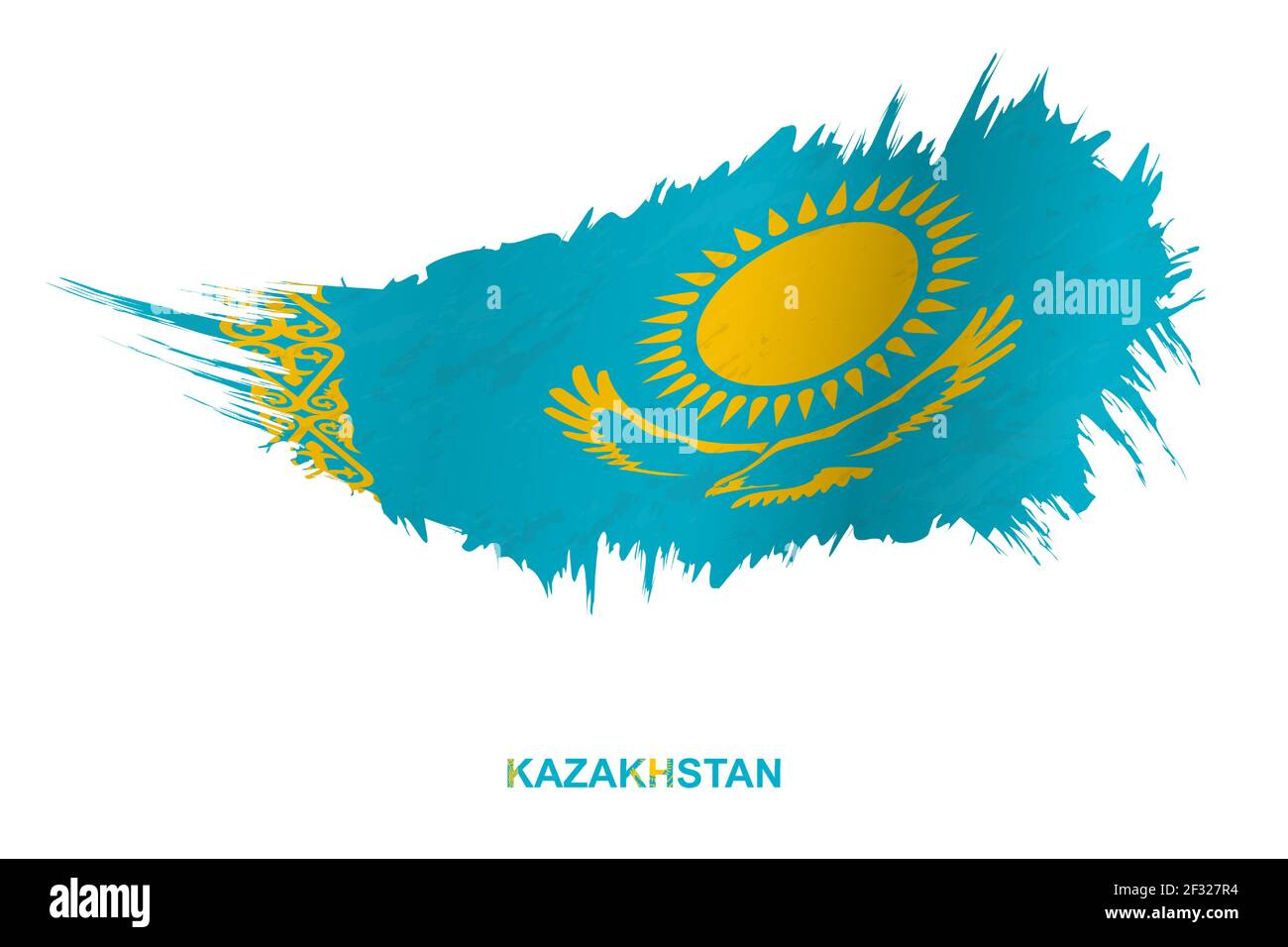Flag of Kazakhstan in grunge style with waving effect, vector grunge brush stroke flag. Stock Vector
