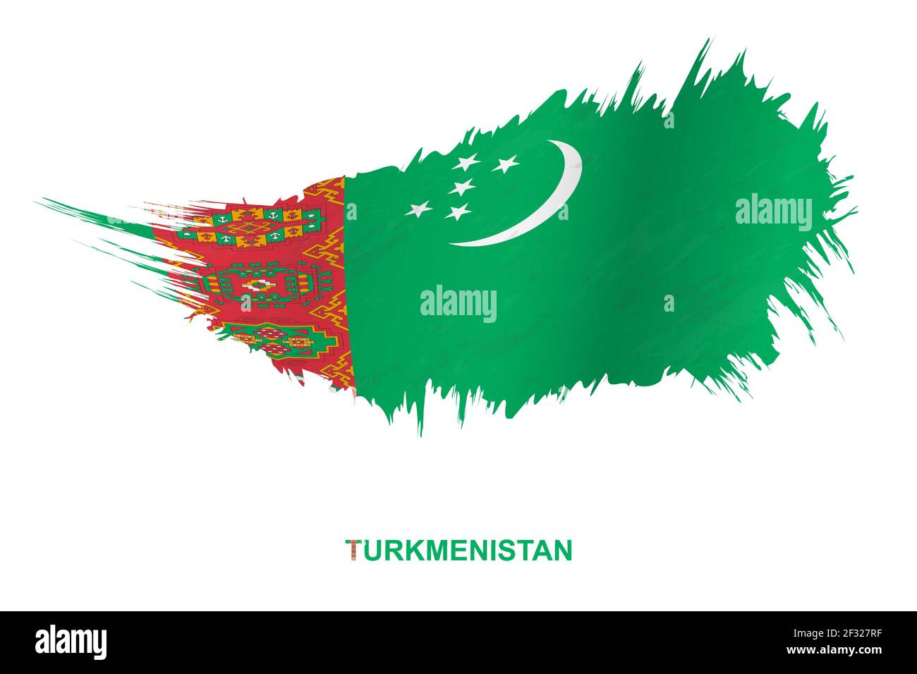 Flag of Turkmenistan in grunge style with waving effect, vector grunge brush stroke flag. Stock Vector