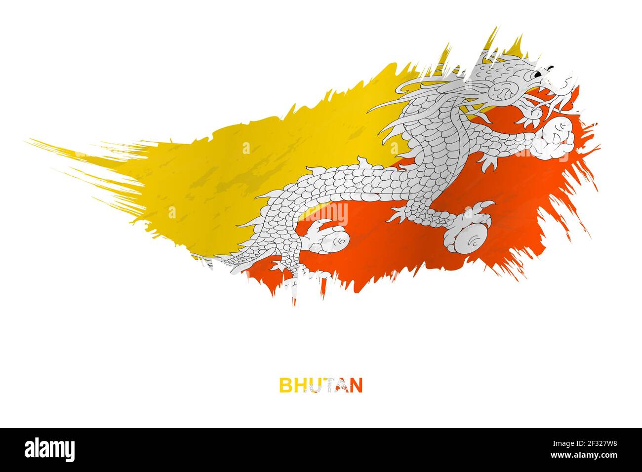 Flag of Bhutan in grunge style with waving effect, vector grunge brush stroke flag. Stock Vector