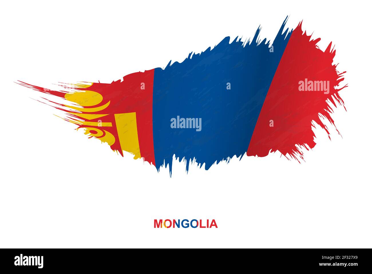 Flag of Mongolia in grunge style with waving effect, vector grunge brush stroke flag. Stock Vector