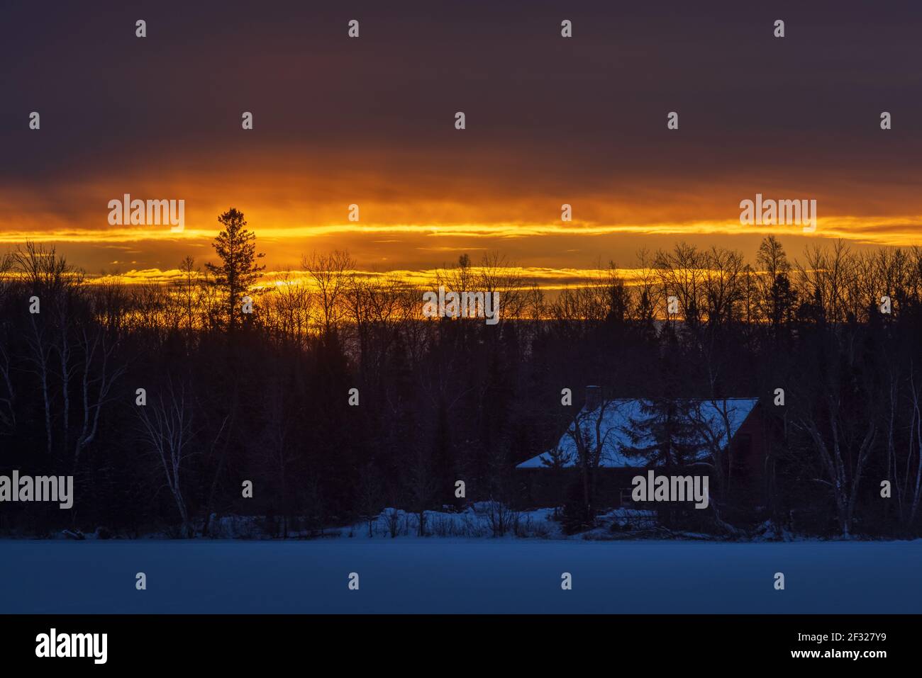 Sunrise on Blaisdell Lake in northern Wisconsin. Stock Photo