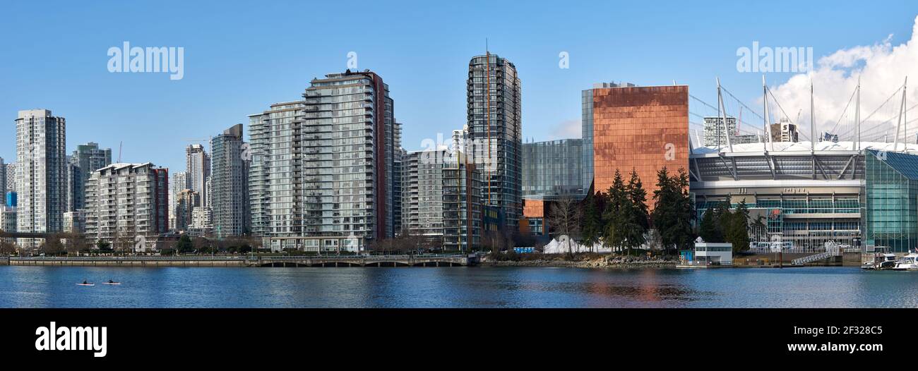 Panorama of North False Creek with residential towers,and JW Marriott Parq Vancouver hotel and BC Place stadium, Vancouver, British Columbia, Canada Stock Photo