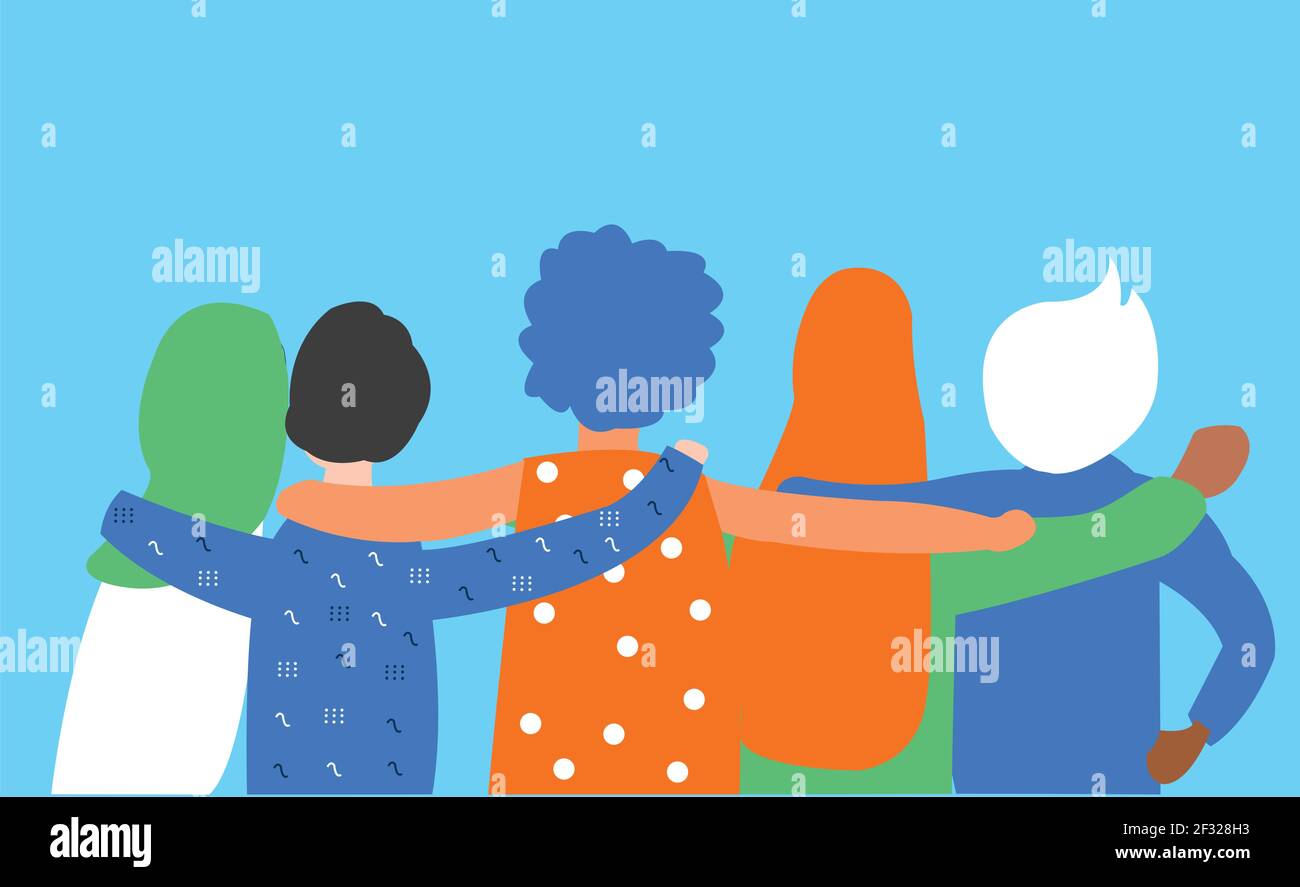 Flat illustration about friendship, bond and togetherness without any difference. Some teenager boy and girls put their hand in each others shoulder Stock Vector