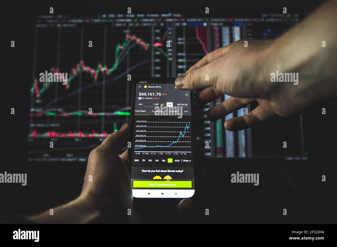 Cryptocurrency exchange chart. Bitcoin price goes up to 60 000 dollars.  Blockchain and digital money Stock Photo - Alamy