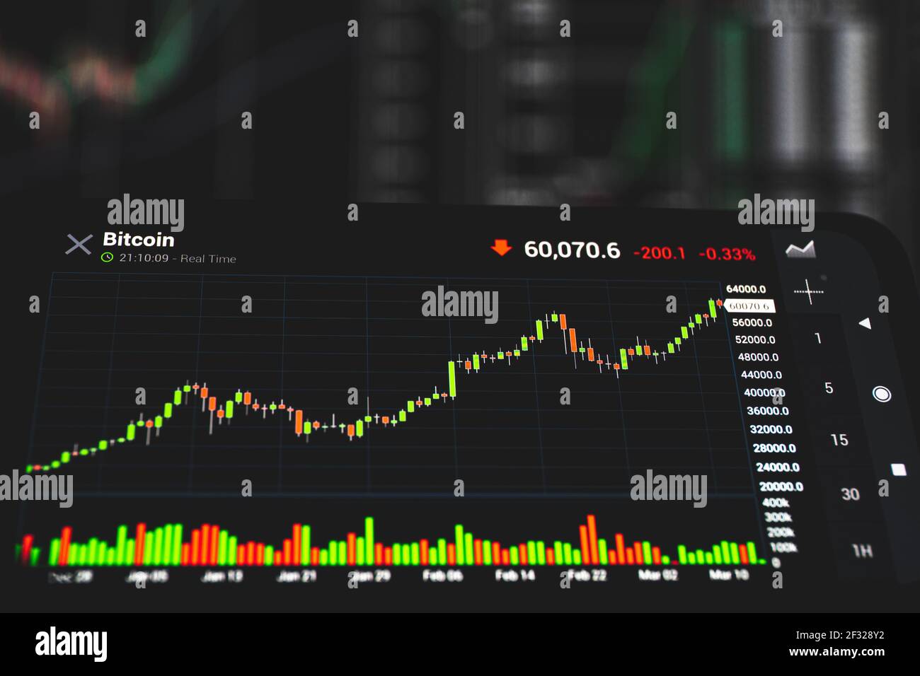 Cryptocurrency exchange chart. Bitcoin price goes up to 60 000 dollars.  Blockchain and digital money Stock Photo - Alamy