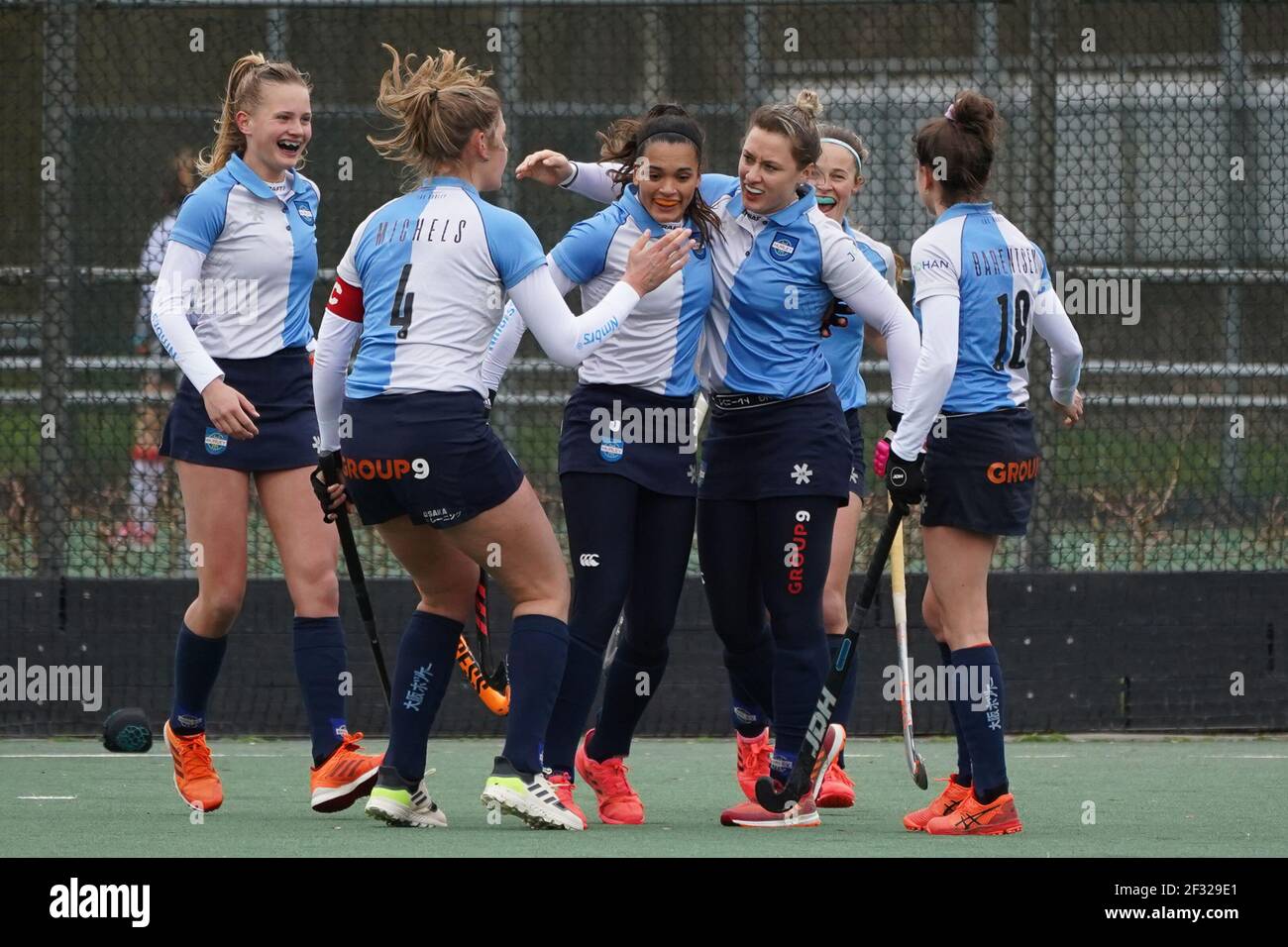 AMSTELVEEN, NETHERLANDS - MARCH 14: Players of Hurley celebrating the second goal of their team during the Dutch Hockey Women Hoofdklasse match between Hurley D1 and HGC D1 at Sportpark Amsterdamse