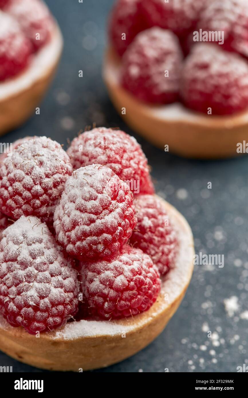 Set of appetizing raspberry tartlets with icing sugar on a spongy ...