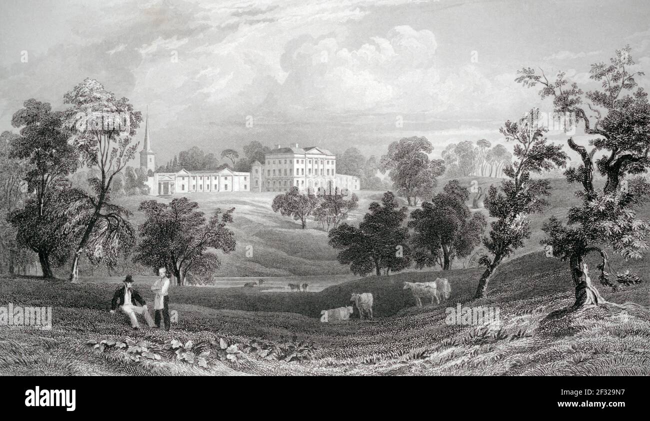 A historical view of Terling Place in Essex, England, UK, the then seat of General Strutt. c. 1818. Engraved by J. C. Armytage from a drawing by W. Bartlett for the book 'Excursions through Essex'. Rather than a general he was a colonel in the local militia and an MP. Stock Photo