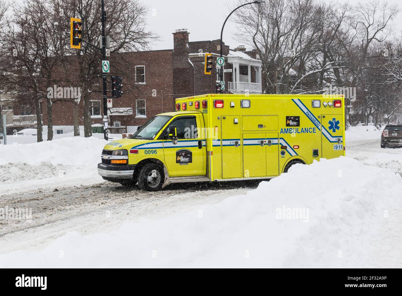 emergency vehicle, ambulance on call, after snowstorm, March 2017