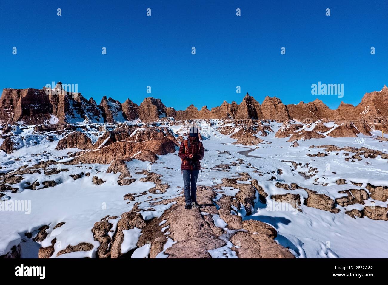Hiking to the Door in the Badlands National Park, South Dakota, U.S.A Stock Photo