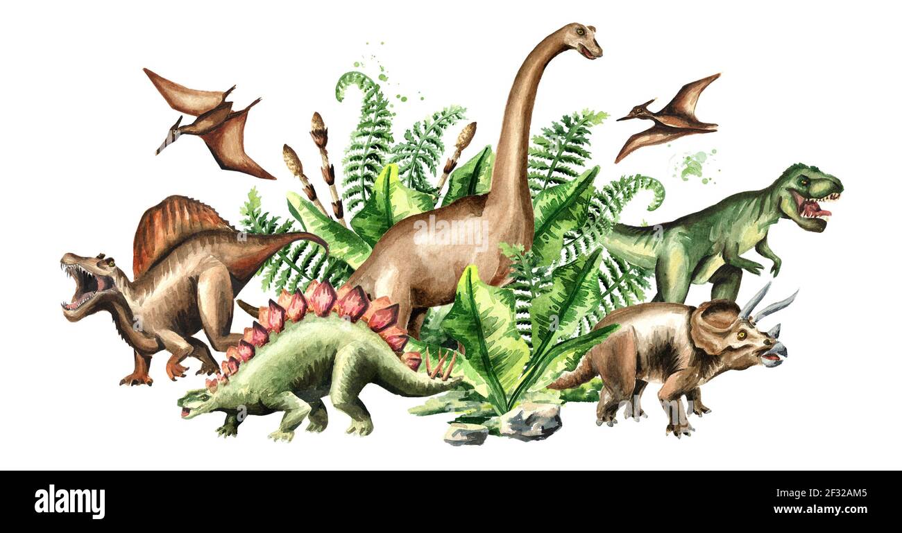 Group Of Dinosaurs With Prehistoric Plants Watercolor Hand Drawn Group Of Dinosaurs With Prehistoric Plants Watercolor Hand Drawn