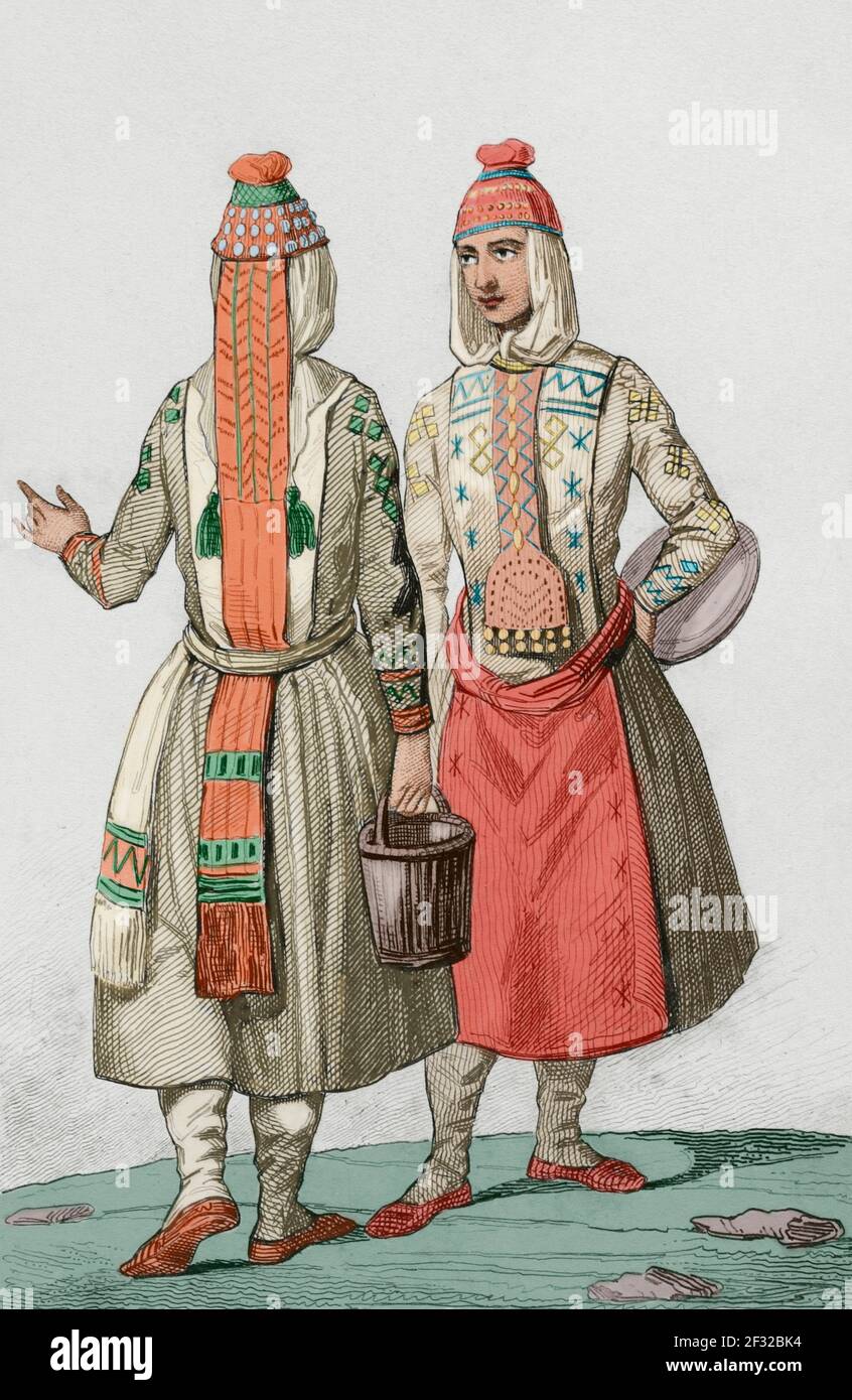 Chuvash people. Turkic ethnic group, native to an area stretching from the Volga Region to Siberia. The Chuvash people wearing traditional clothing. Engraving by Lemaitre, Vernier and Monnin. History of Russia by Jean Marie Chopin (1796-1870). Panorama Universal, Spanish edition, 1839. Later colouration. Stock Photo