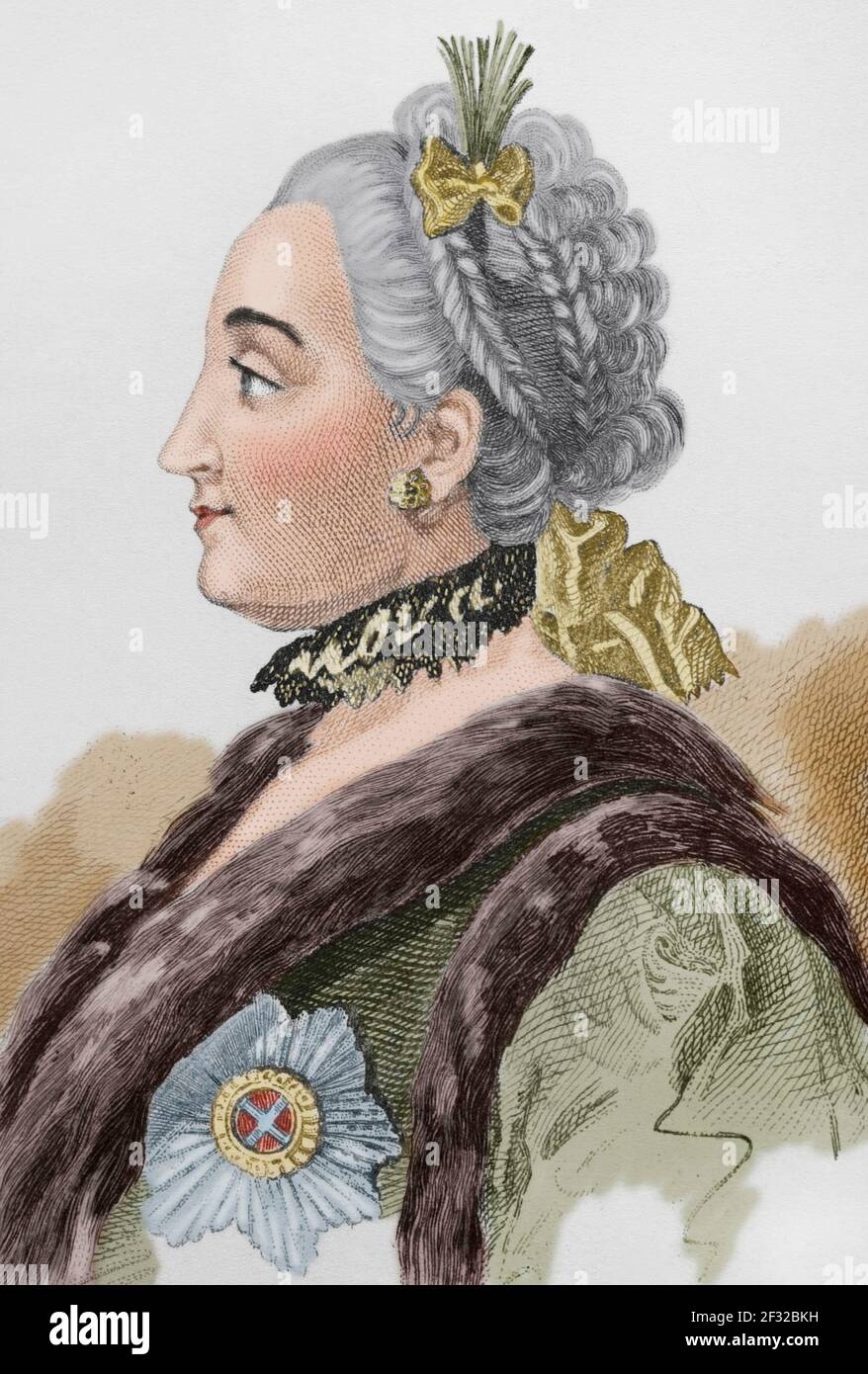 Catherine the Great or Catherine II (1729-1796). Empress of Rusia from 1762 to 1796. Portrait. Engraving by Lemaitre, Vernier and Lesueur. History of Russia by Jean Marie Chopin (1796-1870). Panorama Universal, Spanish edition, 1839. Later colouration. Stock Photo