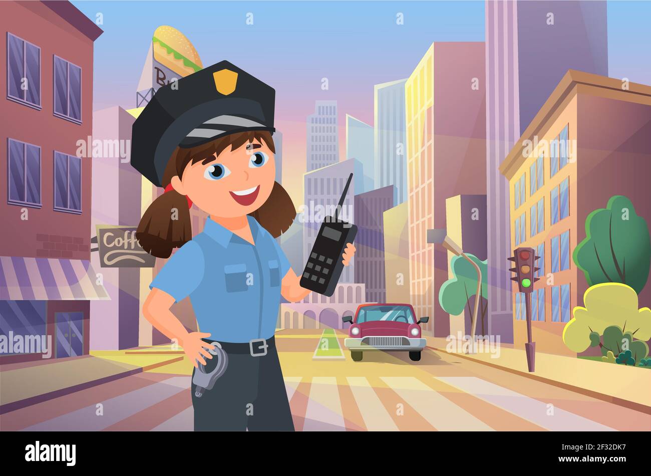 Police officer happy girl working on city street, kid policeman managing road car traffic Stock Vector