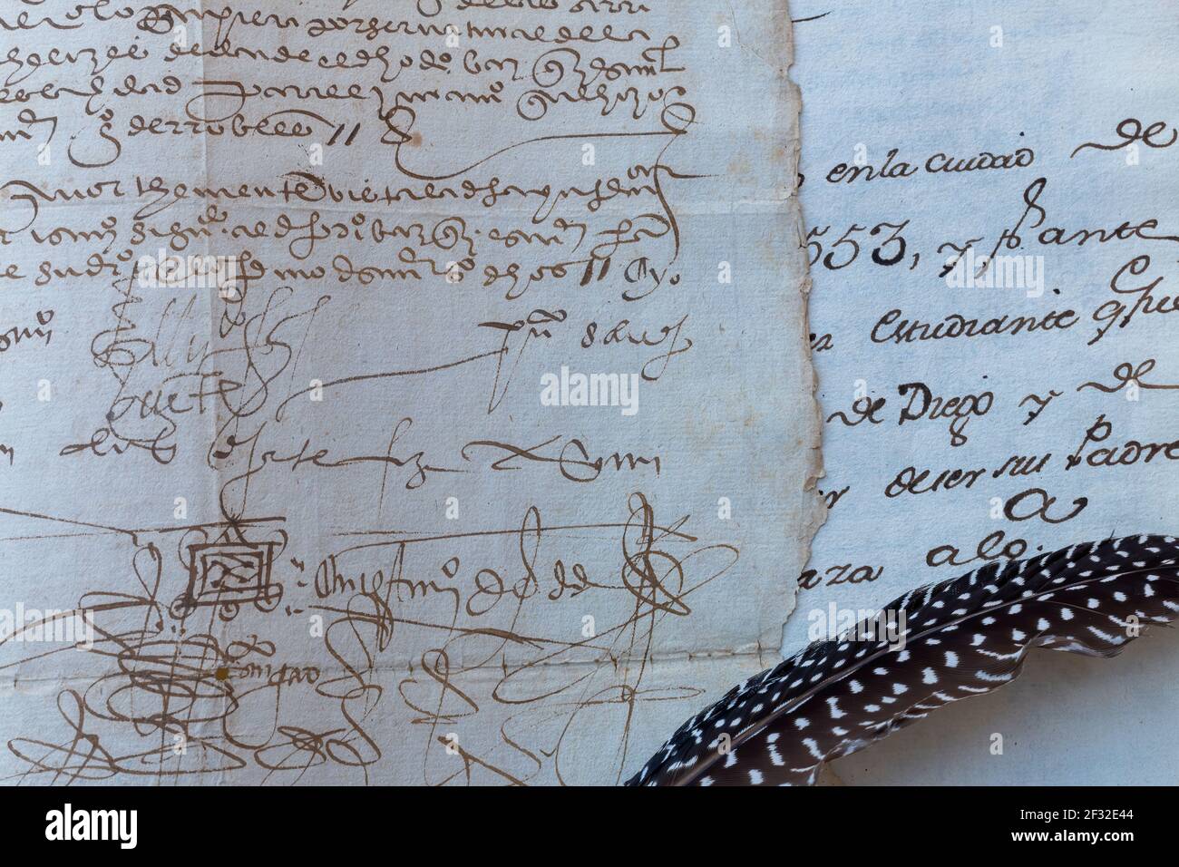 Quill pen next to a 16th century manuscript Stock Photo