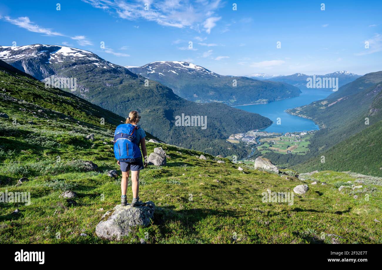 Hiker on the trail to Skala mountain, Innvikfjorden fjord, Jostedalsbreen  National Park, Stryn, Vestland, Norway Stock Photo - Alamy