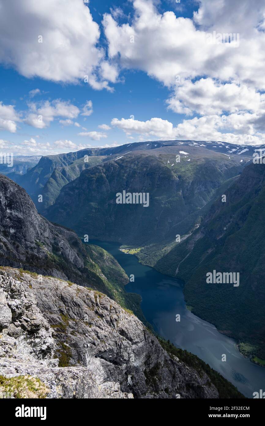 View from the top of Breiskrednosi, mountains and fjord, Naeroyfjord, Aurland, Norway Stock Photo