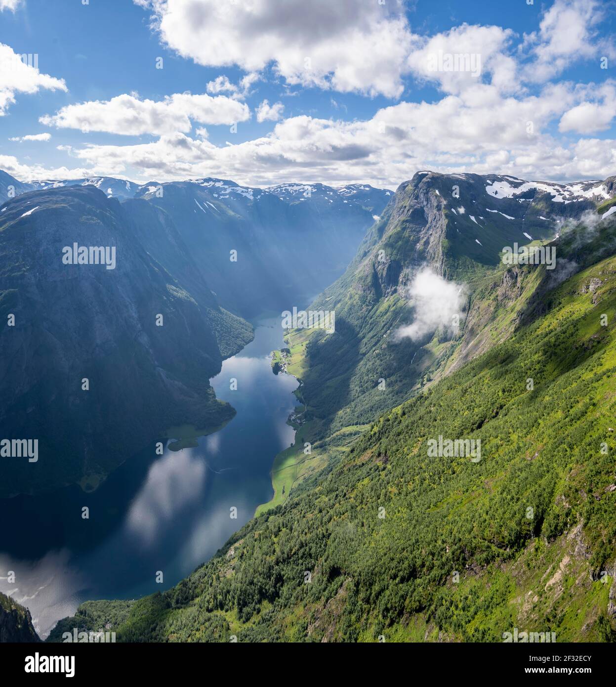 View from the top of Breiskrednosi, mountains and fjord, Naeroyfjord, Aurland, Norway Stock Photo