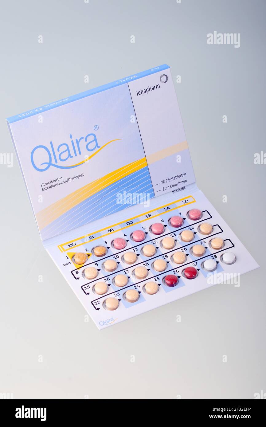 Contraceptive pill Qlaira of the company Jenapharm, drug for contraception, tablet packs, 4 phase preparation, monthly pack Stock Photo