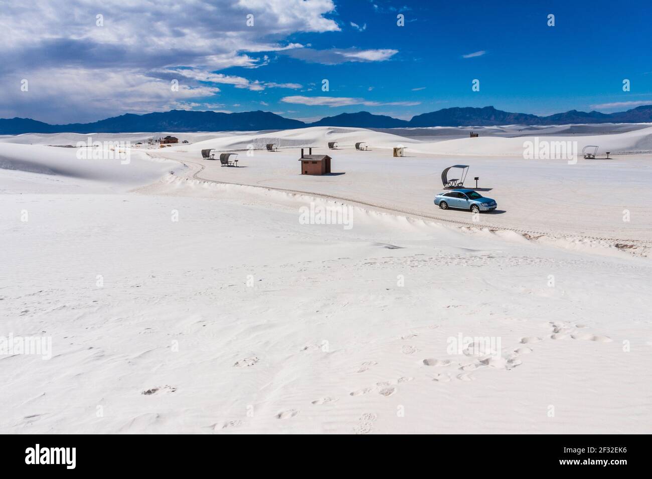 Sand dunes at White Sands National Park in New Mexico on a cold morning in February. White Sands park is at the northern end of the Chihuahuan Desert. Stock Photo