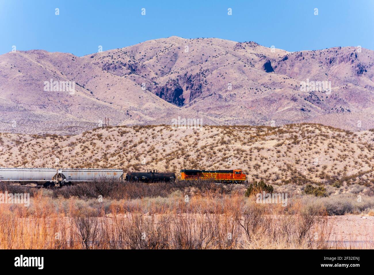 Train passing near Bosque del Apache National Wildlife Refuge in New Mexico. Stock Photo