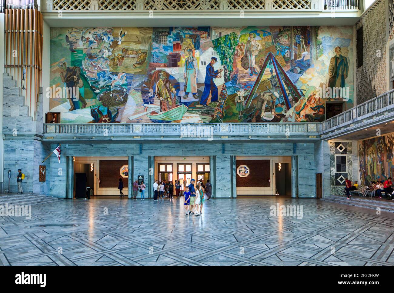 Wall painting in the main hall of Oslo City Hall (Oslo Radhus), Norway ...