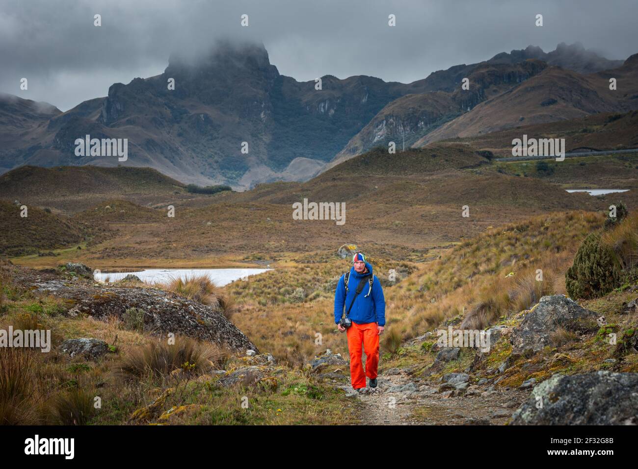 Lonely hiker on the trail in front of the lake in Cajas National Park near Cuenca, Ecuador with amazing landscapes of Andean highlands, valleys, lakes Stock Photo