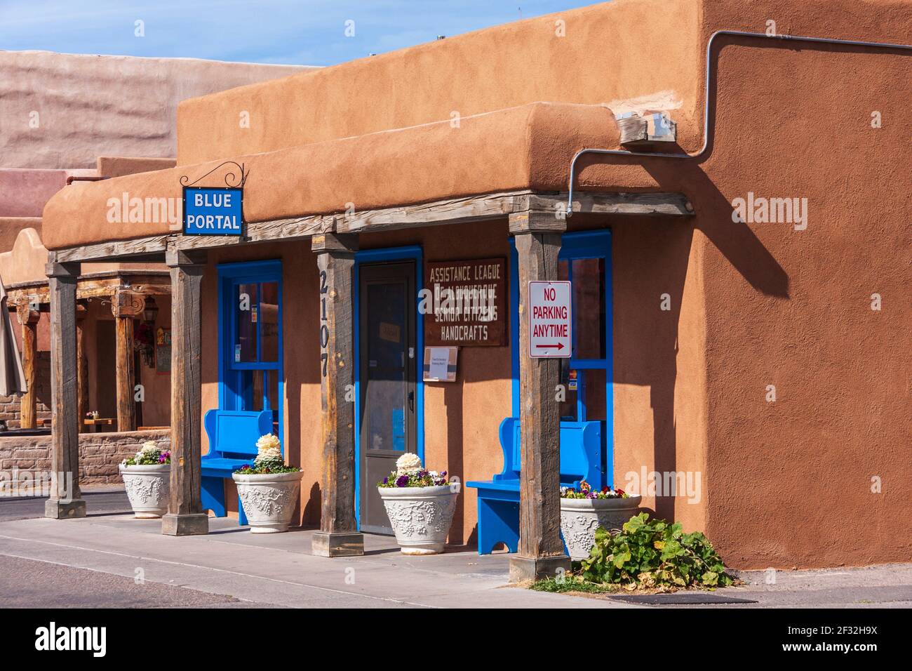 Blue Portal in Old Town Albuquerque, the serene village that has been the focal point of Albuquerque community life since 1706. Community Assistance. Stock Photo