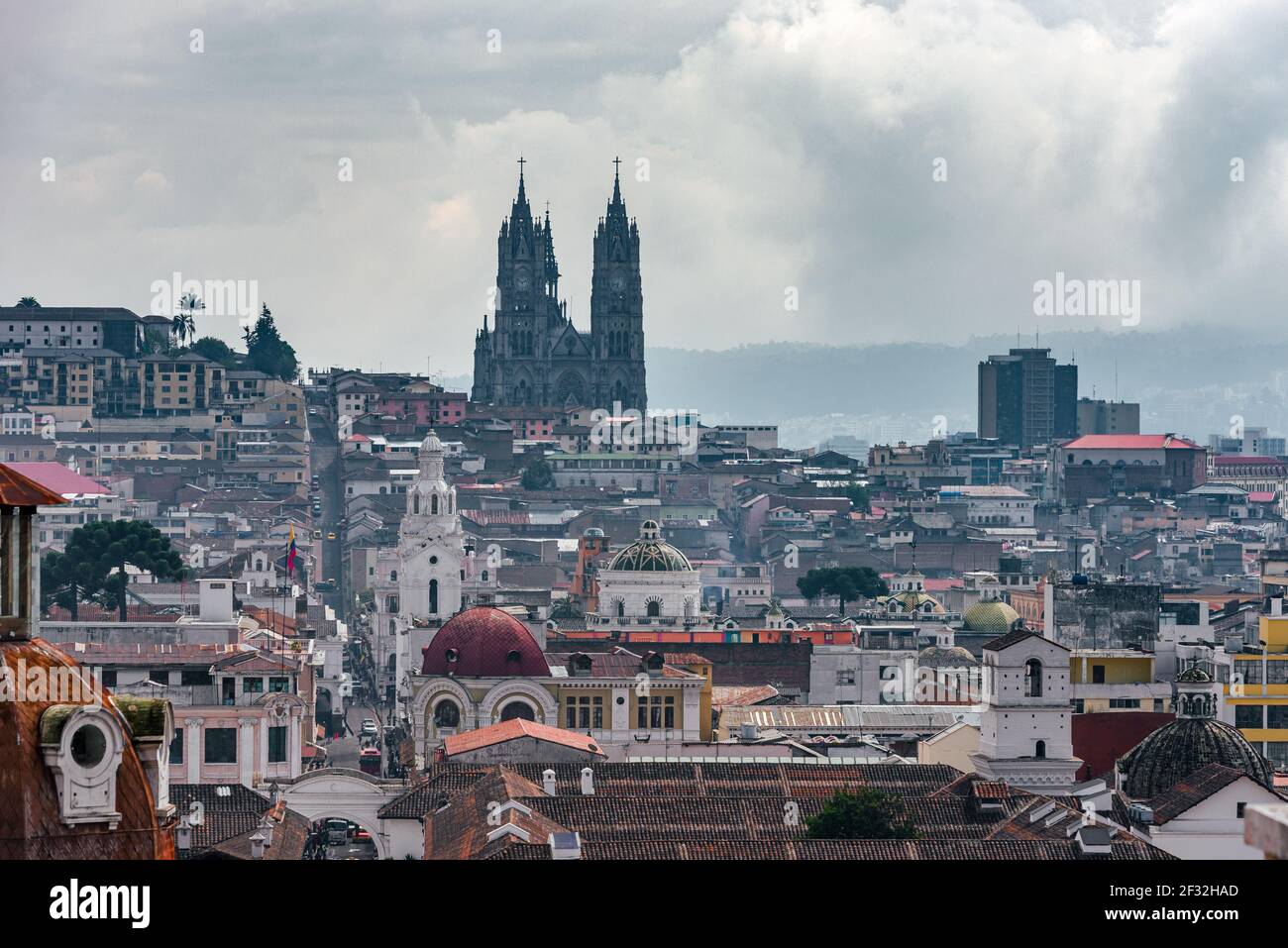 Basílica del Voto Nacional, a Roman Catholic church, in the historic center of Quito, the capital city of Ecuador, offering fantastic views across the Stock Photo